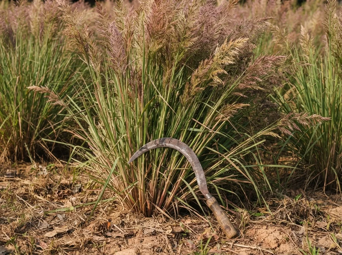 Tall palmarosa grass growing on a dry plain with seed heads turning colour